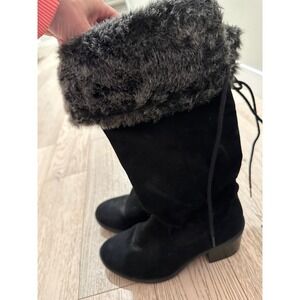 Womens Black Faux Suede Tall Boots Faux Fur Trim Lace Up Back Block Heel Size 7